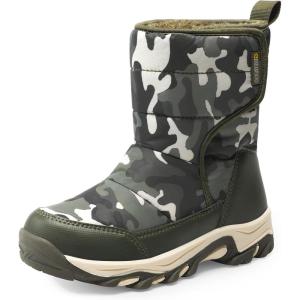 DREAM PAIRS Boys Girls Snow Boots Waterproof Hook and Loop Mid Calf Faux Fur Lining Winter Shoes for Little/Big Kids(Camo/Green)