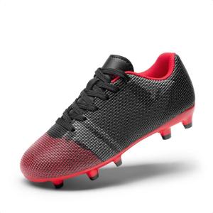 DREAM PAIRS Boys Girls Soccer Cleats Youth Firm Groud Athletic Outdoor Trainning Football Shoes for Little/Big Kid(Black/Red)