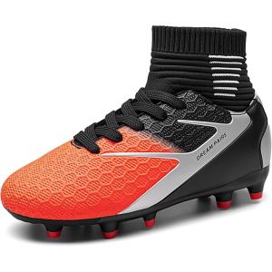 DREAM PAIRS Boys Girls Soccer Cleats Youth Firm Groud Outdoor Sport Athletic High Top Football Shoes for Little/Big Kid(Black/Grey/Orange)