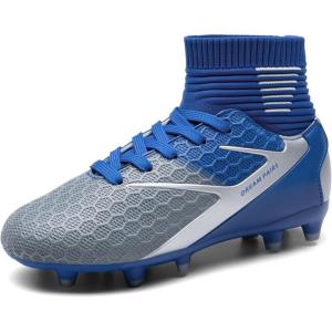 DREAM PAIRS Boys Girls Soccer Cleats Youth Firm Groud Outdoor Sport Athletic High Top Football Shoes for Little/Big Kid(Blue/White/Grey)