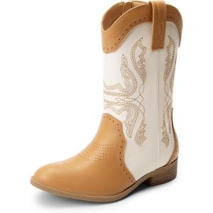 DREAM PAIRS Cowgirl Boots for Girls Boys Cowboy Boots Kids Western Embroidered Mid Calf Riding Shoes with Walking Heel Toddler/Little Kid/Big Kid(Beige/Camel)