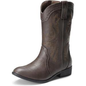 DREAM PAIRS Cowgirl Boots for Girls Boys Cowboy Boots Kids Western Embroidered Mid Calf Riding Shoes with Walking Heel Toddler/Little Kid/Big Kid(Brown)