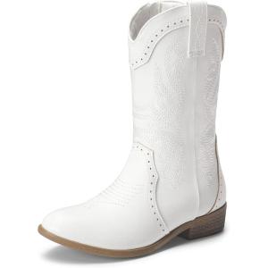 DREAM PAIRS Cowgirl Boots for Girls Boys Cowboy Boots Kids Western Embroidered Mid Calf Riding Shoes with Walking Heel Toddler/Little Kid/Big Kid(White)