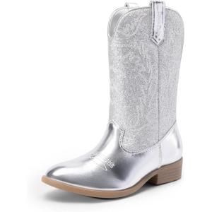 DREAM PAIRS Cowgirl Cowboy Western Boots Girls Mid Calf Riding Shoes Little Kid/Big Kid(Silver)