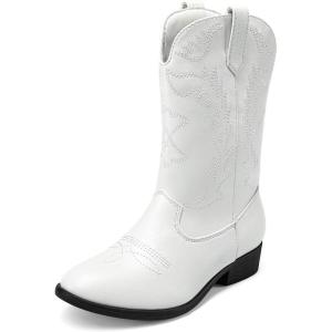 DREAM PAIRS Cowgirl Cowboy Western Boots Girls Mid Calf Riding Shoes Little Kid/Big Kid(White)