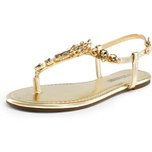 DREAM PAIRS Flat Sandals for Women Dressy Rhinestone T-Strap Thong Flat Sandals for Summers Dress Beach(Gold)