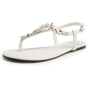DREAM PAIRS Flat Sandals for Women Dressy Rhinestone T-Strap Thong Flat Sandals for Summers Dress Beach(White)