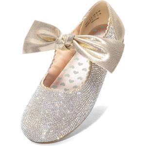DREAM PAIRS Girls Ballerina Flats Mary Jane Front Bow Dress Shoes(Gold-rhinestone)
