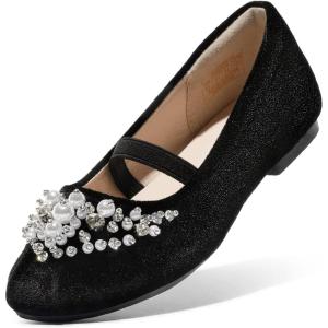 DREAM PAIRS Girls Ballet Flats Flower Shoes Mary Jane Ballerina Flat Dress Shoes for Daily/Wedding/Party(Black/Suede)