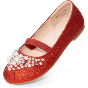 DREAM PAIRS Girls Ballet Flats Flower Shoes Mary Jane Ballerina Flat Dress Shoes for Daily/Wedding/Party(Red/Glitter)