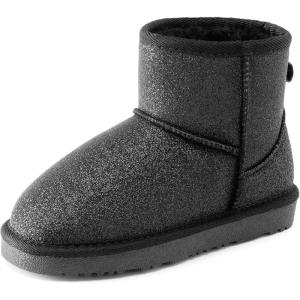 DREAM PAIRS Girls Boys Boots Kids Winter Ankle Faux Fur Lined Snow Shoes FuzzyClassic Kid’s Low Boot for Toddler/Little Kid/Big Kid(Black-glitter)