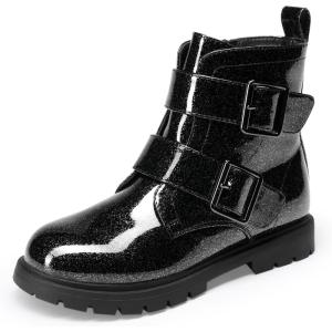 DREAM PAIRS Girls Boys Glitter Ankle Boots Side Zipper Combat Shoes with Buckles Toddler/Little Kid/Big Kid(Black)