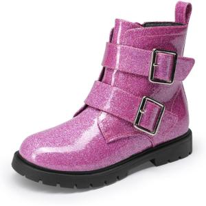 DREAM PAIRS Girls Boys Glitter Ankle Boots Side Zipper Combat Shoes with Buckles Toddler/Little Kid/Big Kid(Hot Pink)