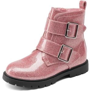 DREAM PAIRS Girls Boys Glitter Ankle Boots Side Zipper Combat Shoes with Buckles Toddler/Little Kid/Big Kid(Pink)