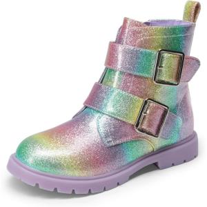 DREAM PAIRS Girls Boys Glitter Ankle Boots Side Zipper Combat Shoes with Buckles Toddler/Little Kid/Big Kid(Rainbow)