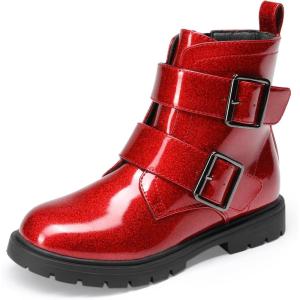 DREAM PAIRS Girls Boys Glitter Ankle Boots Side Zipper Combat Shoes with Buckles Toddler/Little Kid/Big Kid(Red)