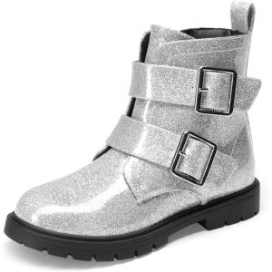 DREAM PAIRS Girls Boys Glitter Ankle Boots Side Zipper Combat Shoes with Buckles Toddler/Little Kid/Big Kid(Silver)