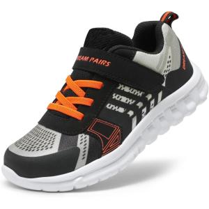 DREAM PAIRS Girls Boys Shoes Kids Tennis EZ-Ons Quicksteps School Sneakers Breathable Running Athletic Shoes(Black/Grey/Orange)
