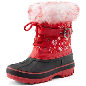 DREAM PAIRS Girls Boys Snow Boots Water-Resistant Outdoor Warm Cozy Anti-Slip Mid Calf Faux Fur Lining Winter Shoes for Little/Big Kids(Red/Black)