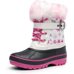 DREAM PAIRS Girls Boys Snow Boots Water-Resistant Outdoor Warm Cozy Anti-Slip Mid Calf Faux Fur Lining Winter Shoes for Little/Big Kids(White/Fuchsia)