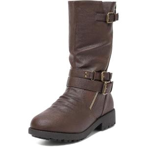 DREAM PAIRS Girls Buckle Zipper Knee High Winter Boots(Brown)