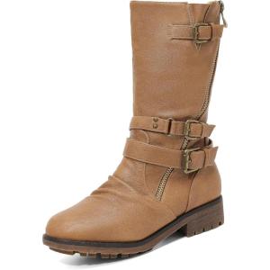 DREAM PAIRS Girls Buckle Zipper Knee High Winter Boots(Camel)