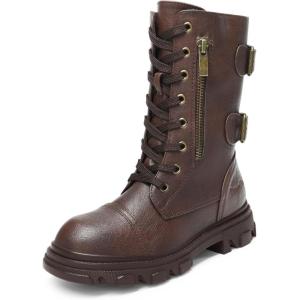 DREAM PAIRS Girls Combat Boots Side Zipper Ankle Booties Toddler/Little Kid/Big Kid(Brown)