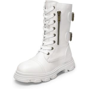 DREAM PAIRS Girls Combat Boots Side Zipper Ankle Booties Toddler/Little Kid/Big Kid(White)