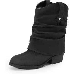 DREAM PAIRS Girls Cowboy Cowgirl Boots 2-in-1 Western Removable Cuff Fold Over Embroidered Fashion Mid Calf Shoes(Black)