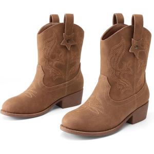 DREAM PAIRS Girls Cowgirl Boots Cowboy Boots with Low Heel Western Embroidered Fashion Mid Calf Shoes for Toddler/Little Kid/Big Kid(Camel)