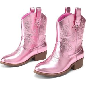 DREAM PAIRS Girls Cowgirl Boots Cowboy Boots with Low Heel Western Embroidered Fashion Mid Calf Shoes for Toddler/Little Kid/Big Kid(Pink)
