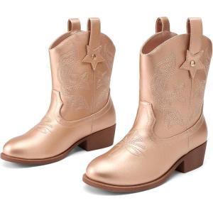 DREAM PAIRS Girls Cowgirl Boots Cowboy Boots with Low Heel Western Embroidered Fashion Mid Calf Shoes for Toddler/Little Kid/Big Kid(Rose Gold)