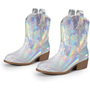 DREAM PAIRS Girls Cowgirl Boots Cowboy Boots with Low Heel Western Embroidered Fashion Mid Calf Shoes for Toddler/Little Kid/Big Kid(Silver)