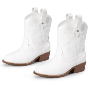 DREAM PAIRS Girls Cowgirl Boots Cowboy Boots with Low Heel Western Embroidered Fashion Mid Calf Shoes for Toddler/Little Kid/Big Kid(White)