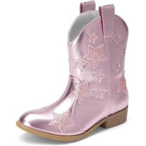 DREAM PAIRS Girls Cowgirl Boots Mid Calf Glitter Cowboy Western Boots Toddler Girls Star Riding Shoes(Pink)