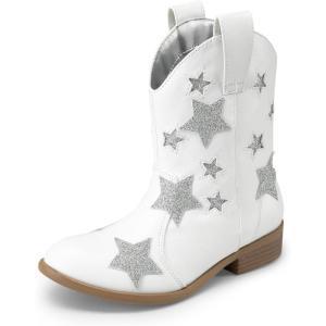 DREAM PAIRS Girls Cowgirl Boots Mid Calf Glitter Cowboy Western Boots Toddler Girls Star Riding Shoes(White)