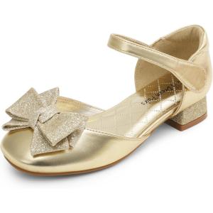 DREAM PAIRS Girls Dress Shoes Closed Toe Low Heels Ankle Strap Bow Ballet Wedding Party Sandals Princess Flower Shoes for Little Kid(Gold)