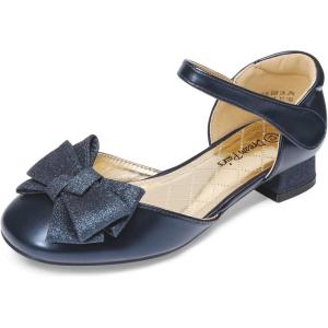 DREAM PAIRS Girls Dress Shoes Closed Toe Low Heels Ankle Strap Bow Ballet Wedding Party Sandals Princess Flower Shoes for Little Kid(Navy)