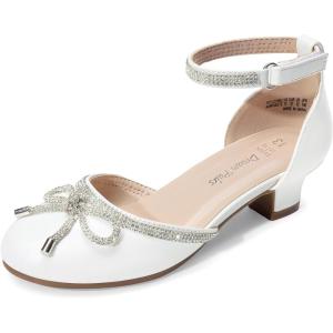 DREAM PAIRS Girls Dress Shoes Closed Toe Low Heels Ankle Strap Pumps for Toddler Little Big Kid Flower Party Wedding Princess(White-pu)