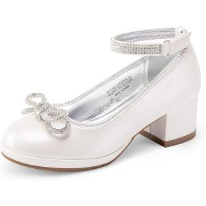 DREAM PAIRS Girls Dress Shoes Platform Chunky Heel Ankle Strap Princess Flats Flower Party Wedding Pump for Little Big Kid(Ivory)