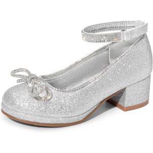 DREAM PAIRS Girls Dress Shoes Platform Chunky Heel Ankle Strap Princess Flats Flower Party Wedding Pump for Little Big Kid(Silver)