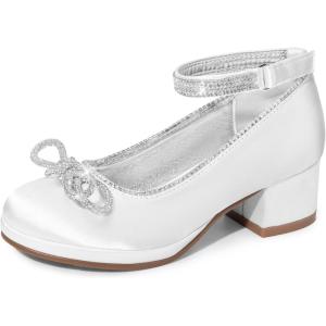 DREAM PAIRS Girls Dress Shoes Platform Chunky Heel Ankle Strap Princess Flats Flower Party Wedding Pump for Little Big Kid(White)