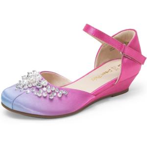 DREAM PAIRS Girls Dress Shoes Toddler Little Big Girls Heels Low Wedge Pumps with Pearls Rhinestone for Flower Girl Princess Wedding Party(Blue/Hot Pink)