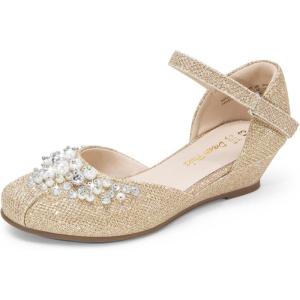 DREAM PAIRS Girls Dress Shoes Toddler Little Big Girls Heels Low Wedge Pumps with Pearls Rhinestone for Flower Girl Princess Wedding Party(Gold-glitter)
