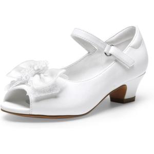 DREAM PAIRS Girls Heels Dress Shoes Flats for Wedding Bow Flower Princess Shoes for Little Kid/Big Kid(White-pu)