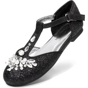 DREAM PAIRS Girls Mary Jane Dress Shoes Pearl T-Strap Party Flower Wedding Princess Flats for Toddler Little Big Kid(Black)