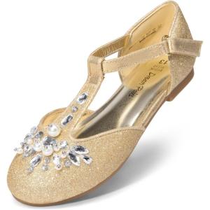 DREAM PAIRS Girls Mary Jane Dress Shoes Pearl T-Strap Party Flower Wedding Princess Flats for Toddler Little Big Kid(Gold)