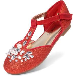 DREAM PAIRS Girls Mary Jane Dress Shoes Pearl T-Strap Party Flower Wedding Princess Flats for Toddler Little Big Kid(Red)