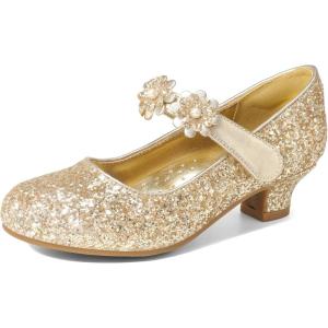 DREAM PAIRS Girls Mary Jane Dress Shoes Pumps Low Heels Flower Party Wedding Princess(Gold-glitter)