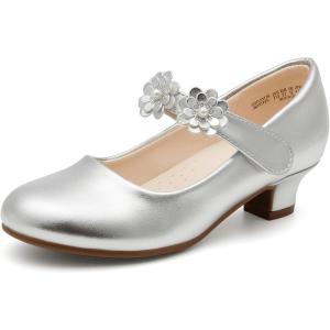 DREAM PAIRS Girls Mary Jane Dress Shoes Pumps Low Heels Flower Party Wedding Princess(Silver)